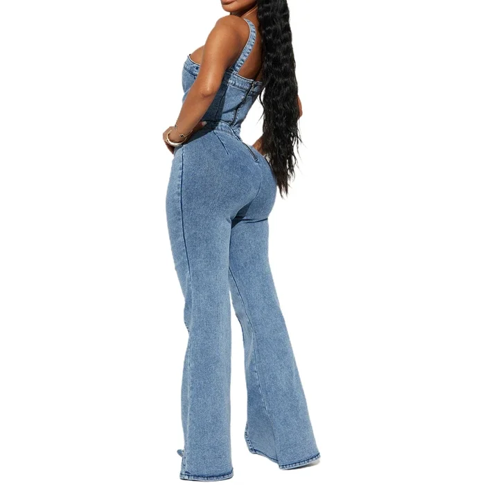 Slim Sleeveless Backless Wide Strap Buttons Elastic Cotton Long Denim Jumpsuits Women Jeans Overalls Woman Flare Pants One Piece