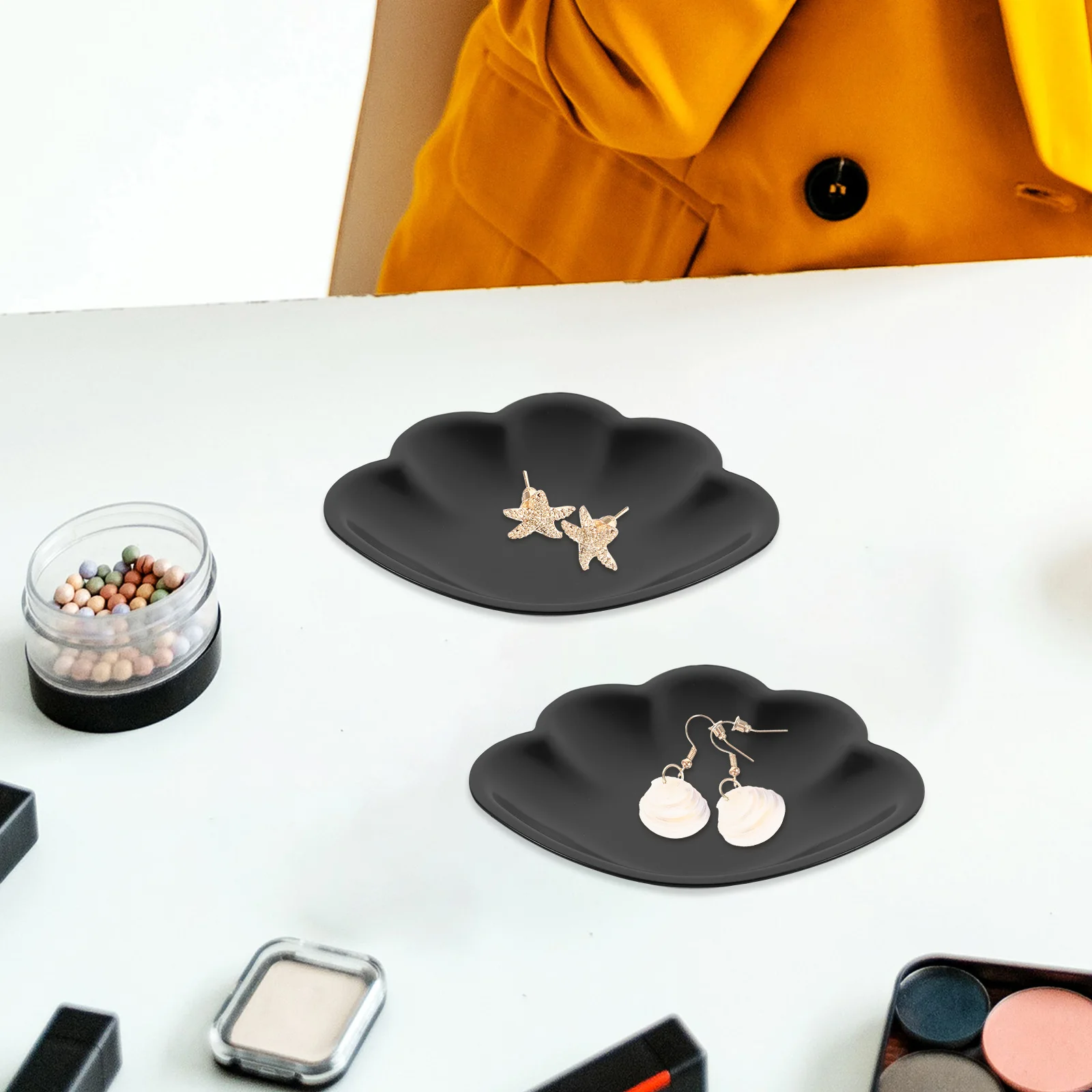 

2pcs Stainless Steel Jewelry Tray Household Makeup Storage Holder Shell-Shaped Ring Earring Dish Large Capacity Wedding Lipstick