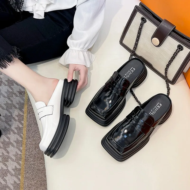 Summer Woman Baotou Half Slippers Women Fashion Square Toe Bow Mules Platform Casual Shoes British Style Patent Leather Slides