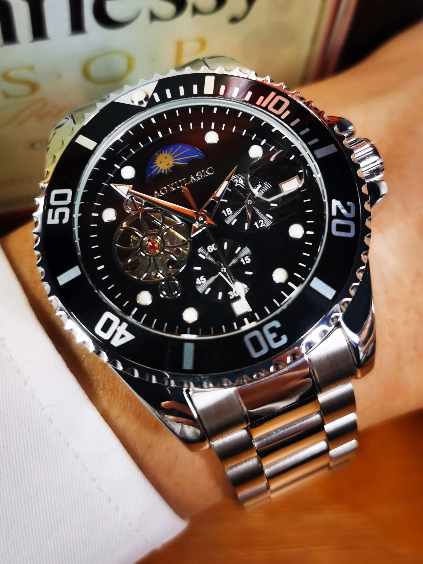 Tourbillon Moon Phase Skeleton Mechanical Watches Rotating Bezel Luminous Dial Luxury Automatic Mens Watch Stainless Steel Strap