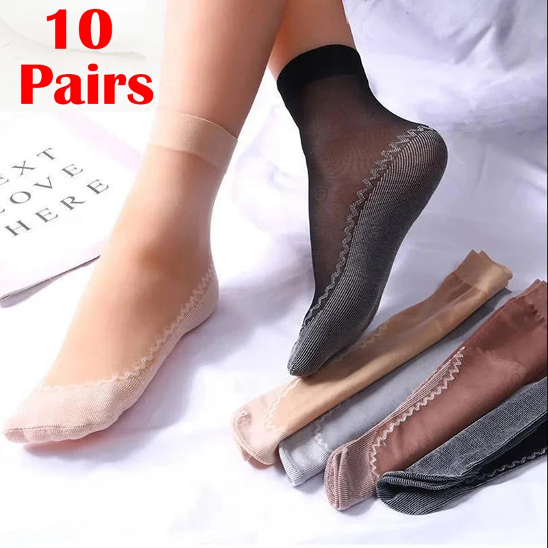 

Epligg Velvet Ankle Short Silk Sox Elastic Lace Socks Women Transparent Ultrathin Female Mesh Non-Slip Bottom Splice Sock