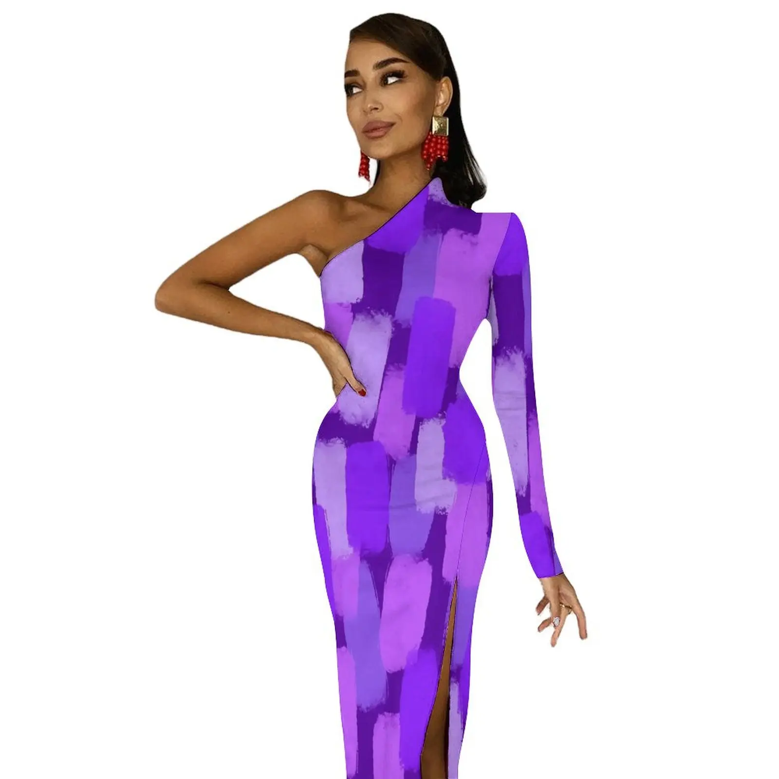 Purple Paint Brush Maxi Dress One Shoulder Abstract Art Cute Bodycon Dress Spring Party Long Dresses Women Graphic Vestidos