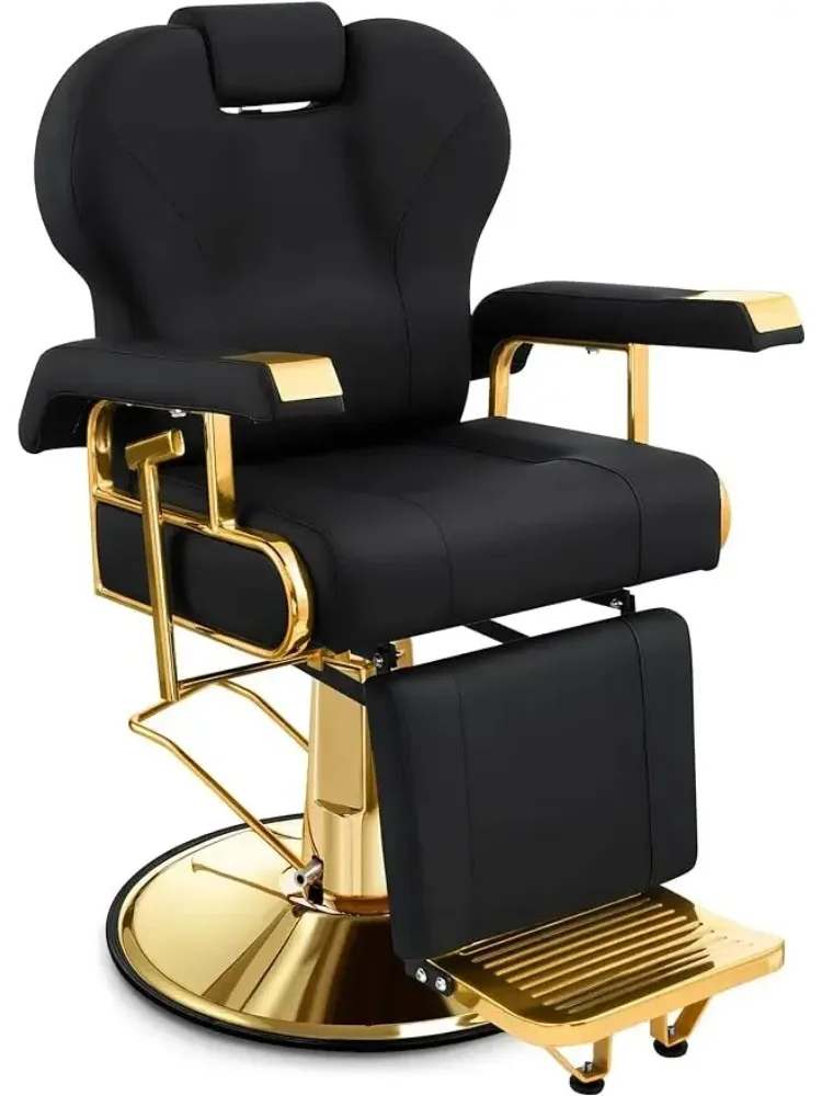 Professioneller Liegestuhl für Salon mit verstellbarer Rückenlehne, eleganter Friseurstuhl in Schwarz und Gold mit robustem Stahlrahmen