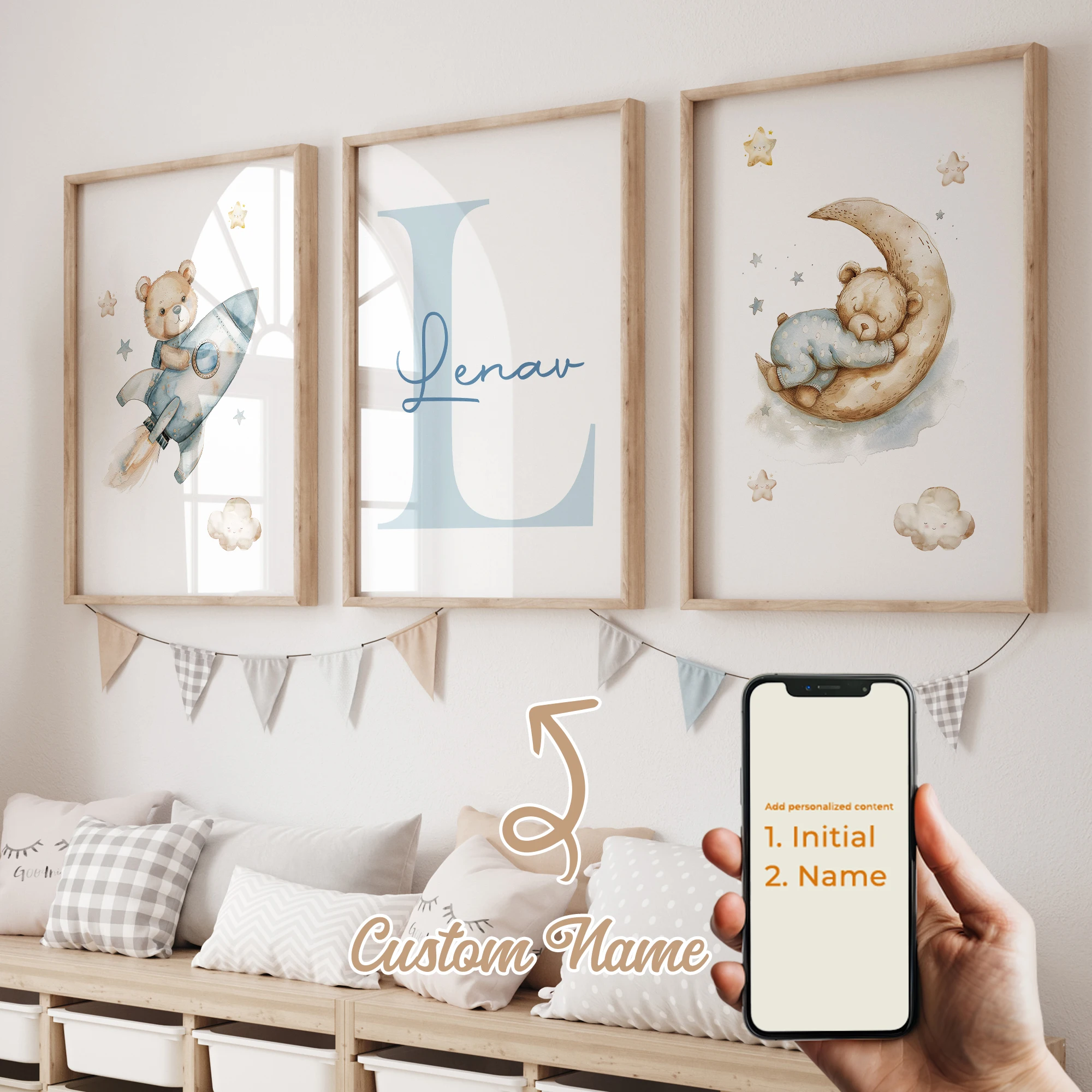 

3Pcs Custom Children's Personalized Name Blue Moon Bear Wall Art Canvas Printing Picture Living Room Children's Room Home Decor