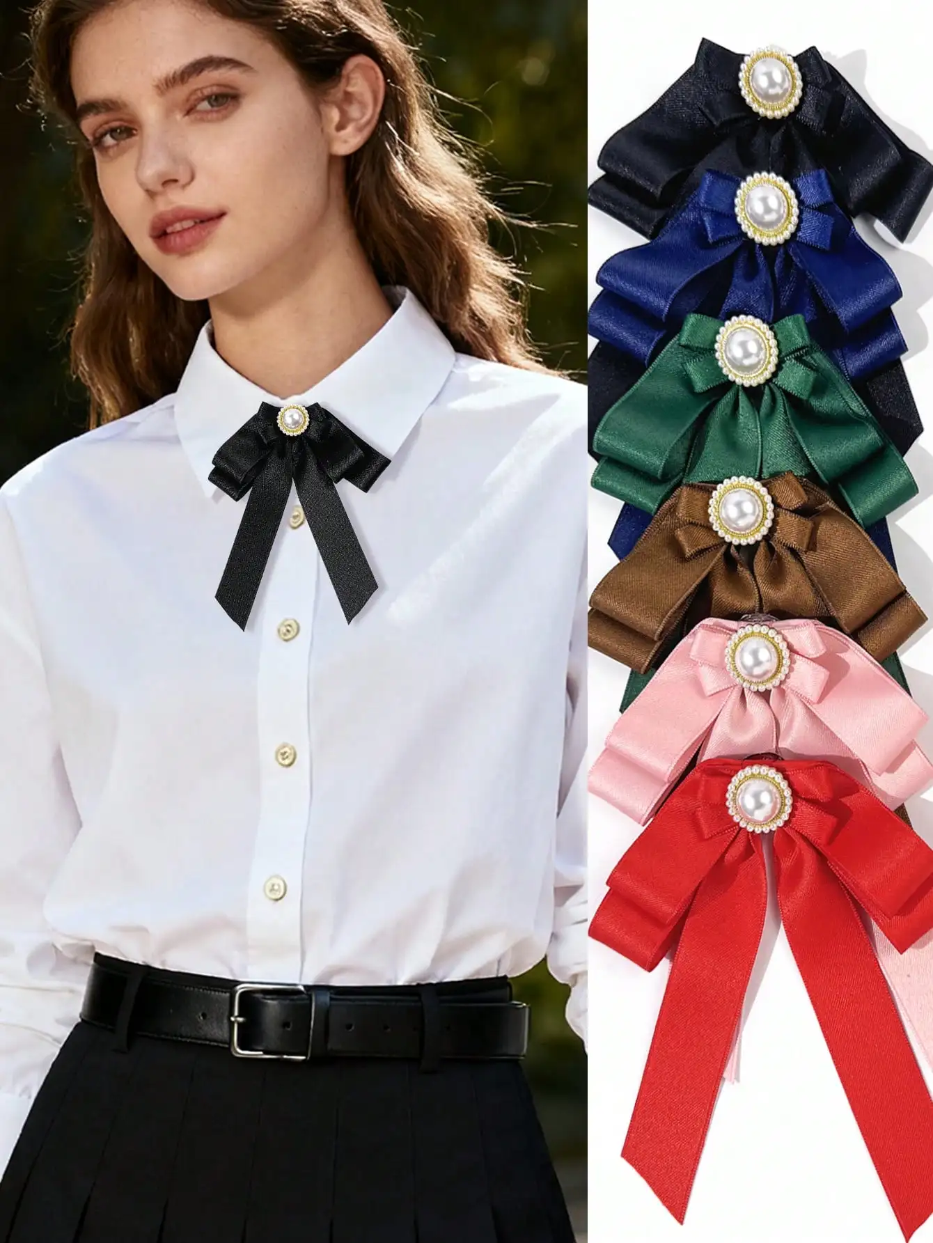 Women's Solid Color Faux Pearl Bow Tie Simple Fashionable Ac