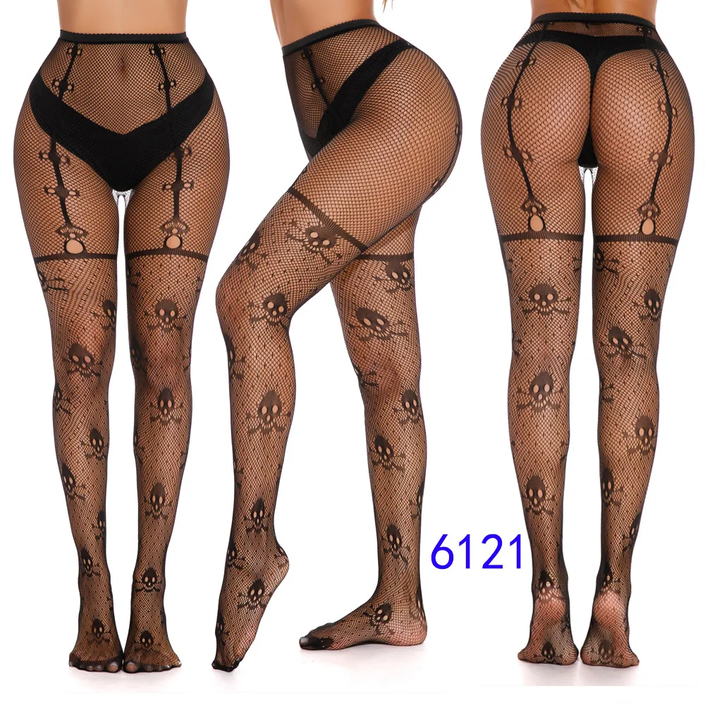 Women Popular Tights Sexy Open Crotch Lace Transparent Fish Net Stockings Non-slip One-piece Sling Black Silk Sexy Fishnet Socks