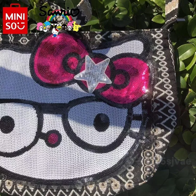 Hello Kitty New Women's Crossbody Bag Fashionable High Quality Sequin Shoulder Bag Cartoon Large Capacity Girl Storage Bag