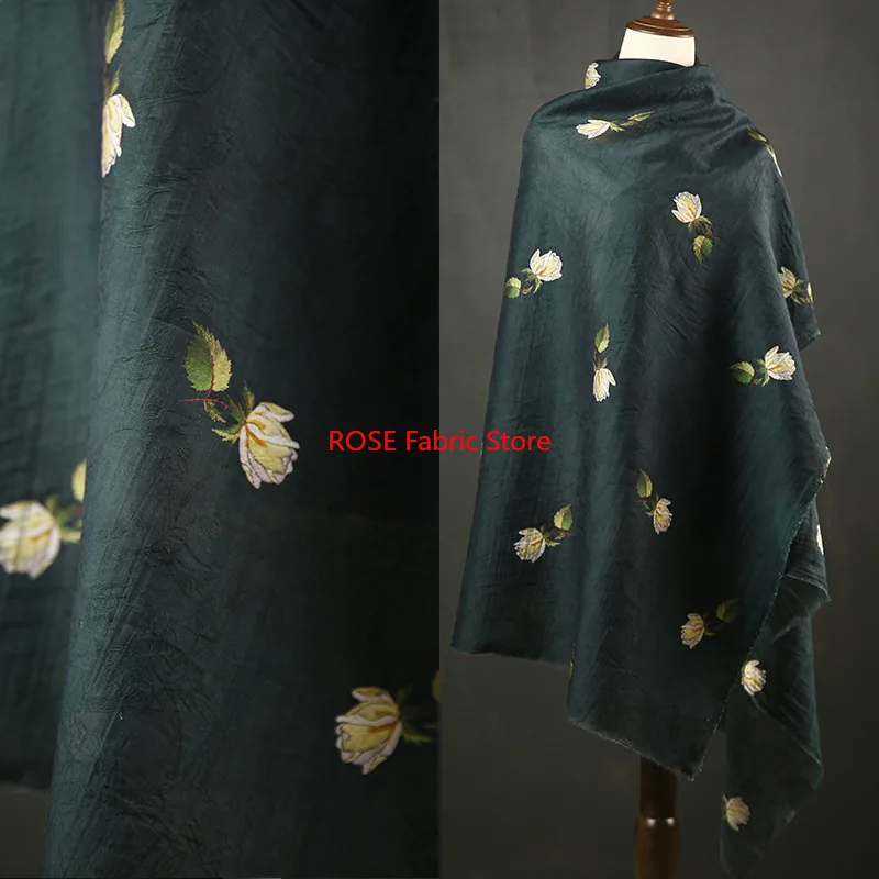 1 Meter Rose Embroidered Silk Jacquard Fabric Summer Dress Shirt Hanfu Cheongsam Decorative Sewing Fabric