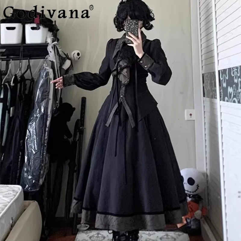 

Gothic Style Lolita Outfits Women's Court Black Shirt Half Slimming Skirt Elegant Suits Female Japanese Lolita Gorgeous Set