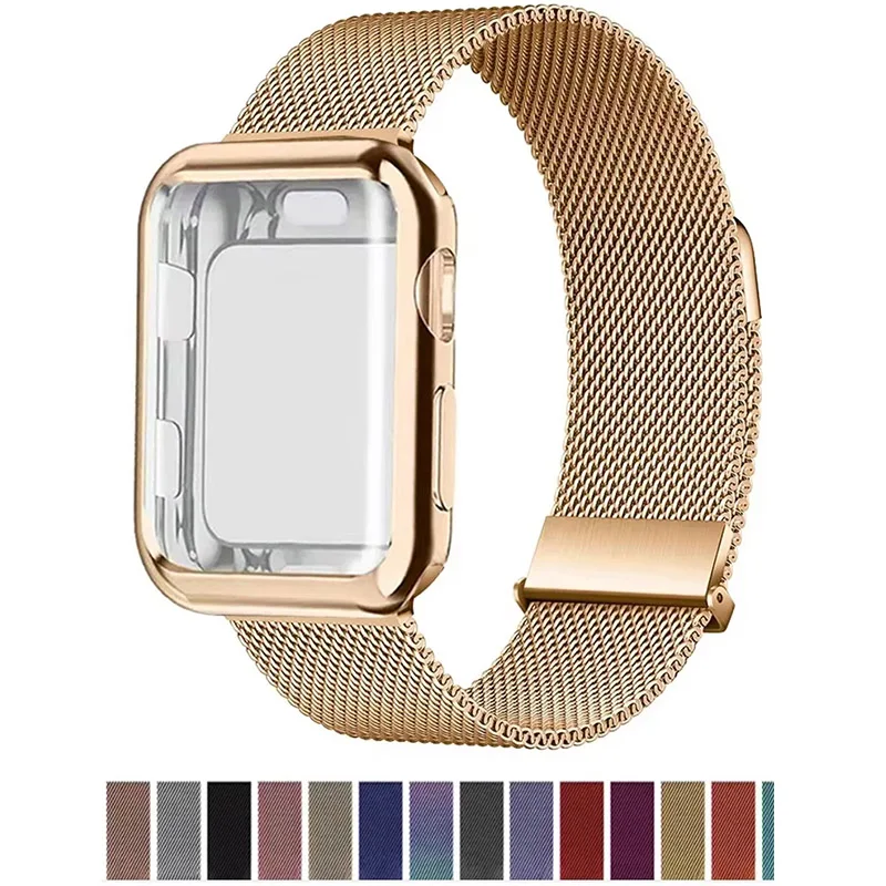 Apple Watch用ケースとミラネーゼバックル,iwatchシリーズ9 8 7 6 5 4 3 se,38mm, 42mm, 41mm, 40mm, 44mm用の金属製磁気バンド45mm