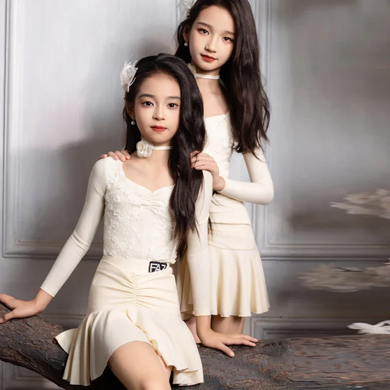 Ropa de baile latino de Salsa para niños, vestido de baile latino de manga larga para niñas, trajes de competición de baile de salón para niños
