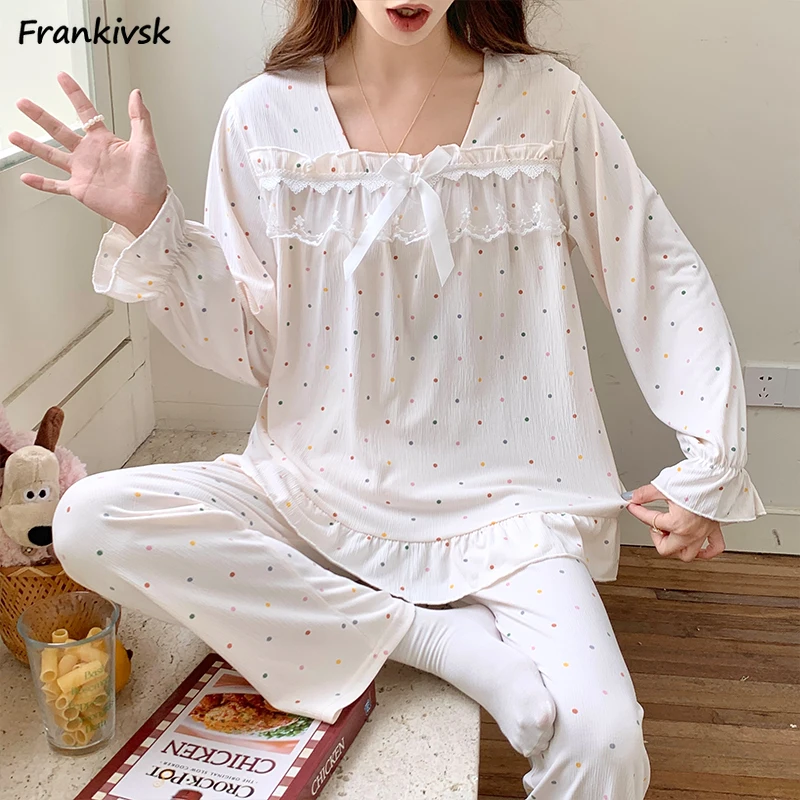 

Panelled Pajama Sets Women Spring Polka Dot Aesthetic Korean Style Sweet Chic Cute Sleepwear Lounge Tender Temperament Versatile