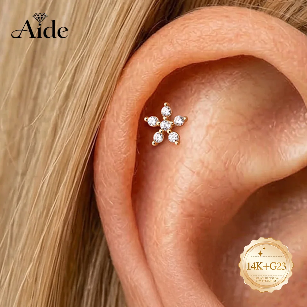 AIDE 14K Solid Gold Sparkling Snowflake Zircon Women's G23 Titanium Flat Back Piercing Ear Bone Nail Wedding Bridal Jewelry Gift