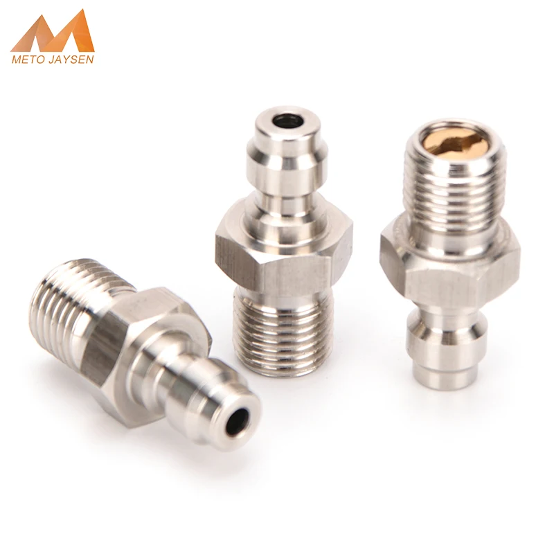 Acoplador rápido 8mm macho plug adaptador acessórios 1/8npt 1/8bspp m10x1 rosca recarga de ar aço inoxidável 3 pc/set