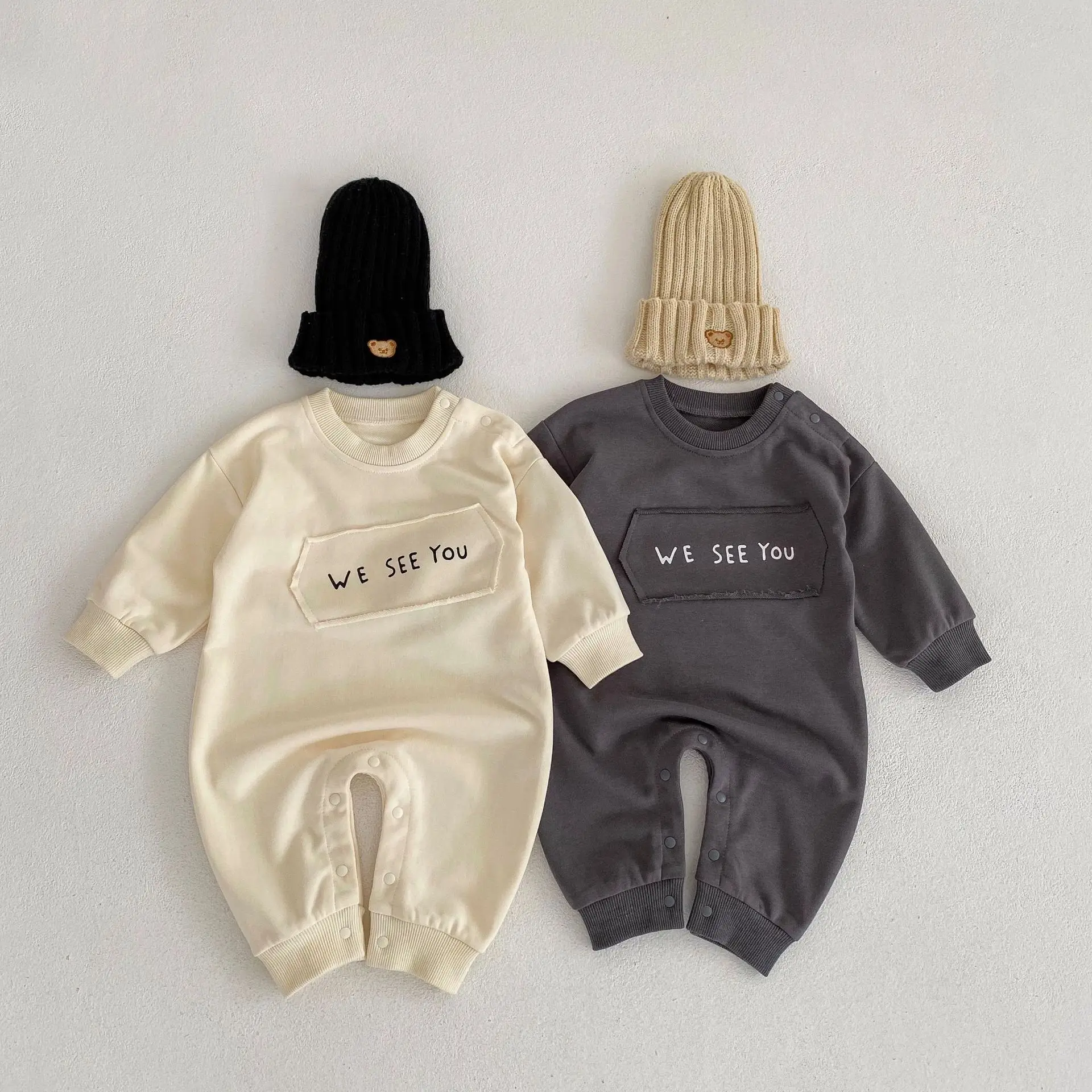 Spring Baby Bodysuit Solid Color Long-sleeved English Stickers Long Crawling Suit Sweatshirt Westernized Baby Fart Wrap