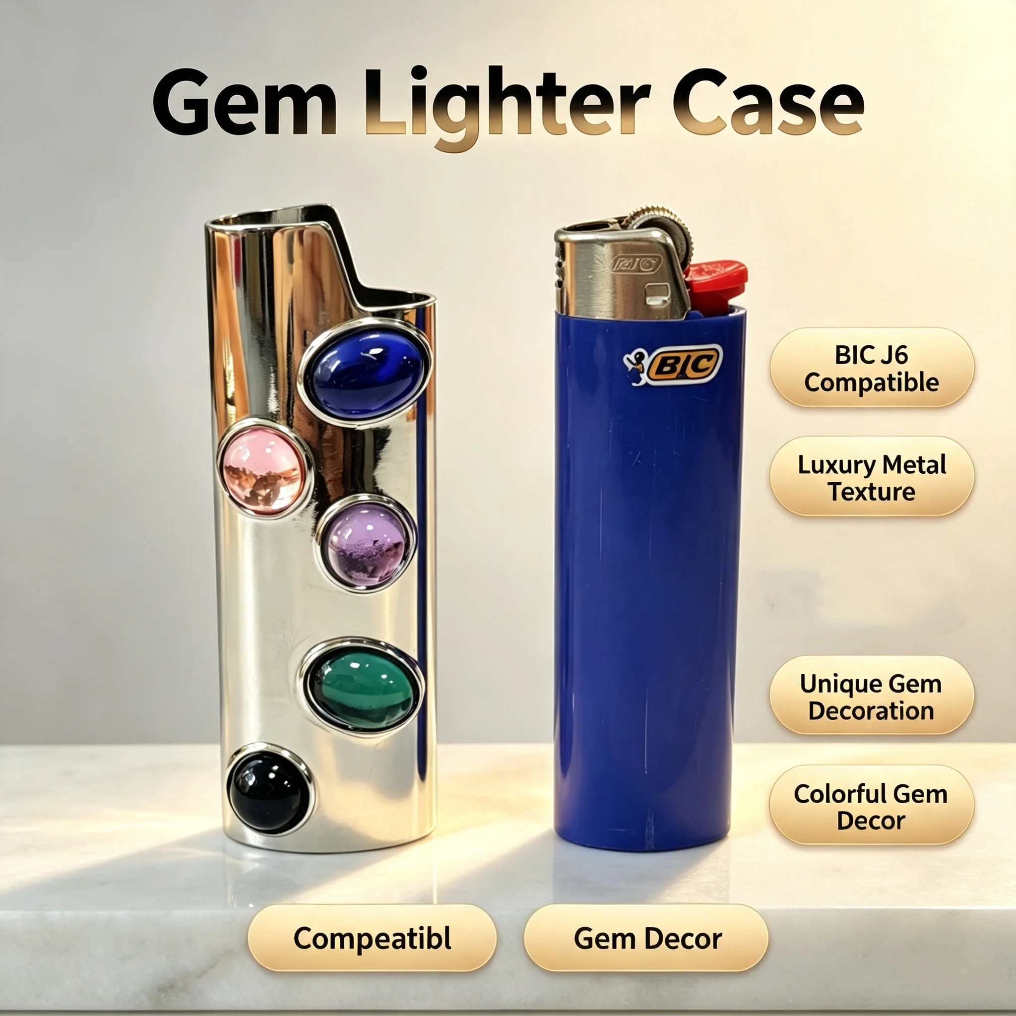 Colorful Gem Inlaid Zinc Alloy Lighter Case Vintage Polished Metal Protective Shell Compatible with BIC J6