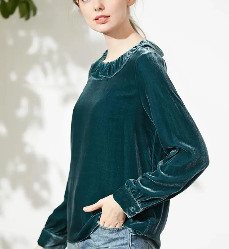 Ropa de calle coreana, tops de terciopelo de manga larga con cuello de hoja de loto, blusa elegante de terciopelo para primavera y otoño, camisas vintage, camisas de talla grande