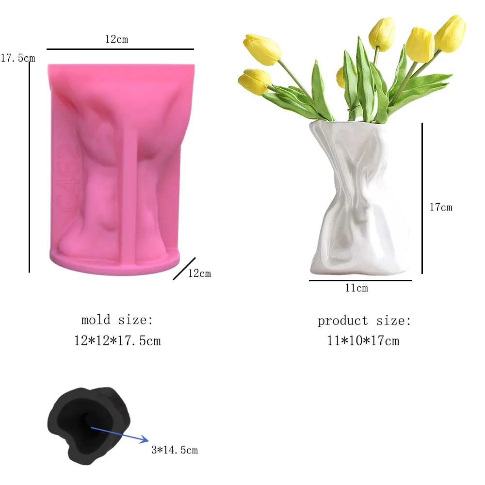 DIY Large Pleated Pocket Vase Silicone Mold Nordic Style Bag Shaped Vase Concrete Cement Gypsum Home Dec Silicone Mould