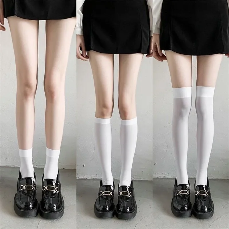 Einfarbige lange Lolita-Socken JK Damen hochelastische Sommer dünne weiße mittelhohe Socken Lolita gestreifte Overknee-Strümpfe