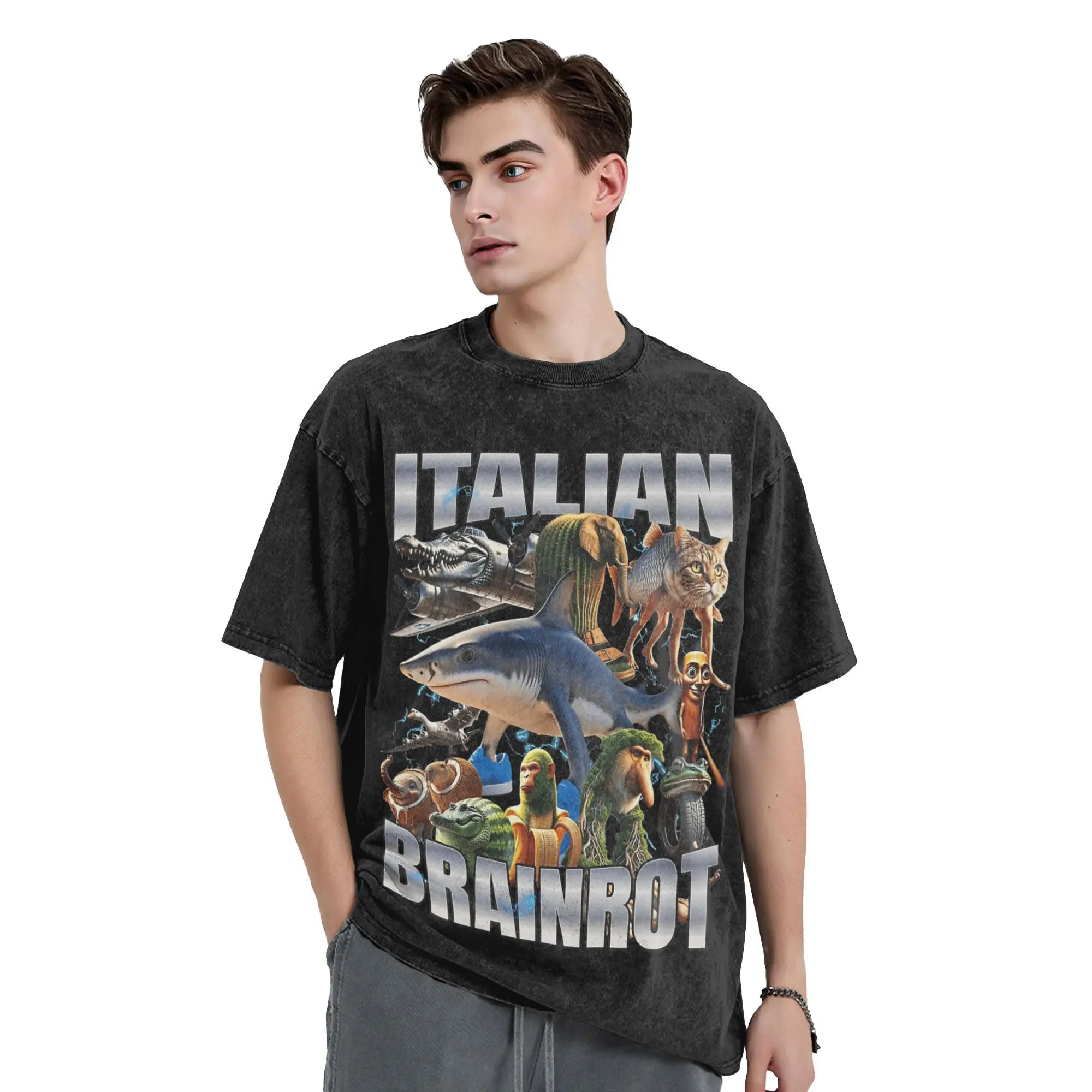 

Italian Brainrot Meme Tralalero Tralala Washed T Shirts Vintage T-Shirt Brr Brr Patapim Tee Shirt for Men Women Short Sleeve