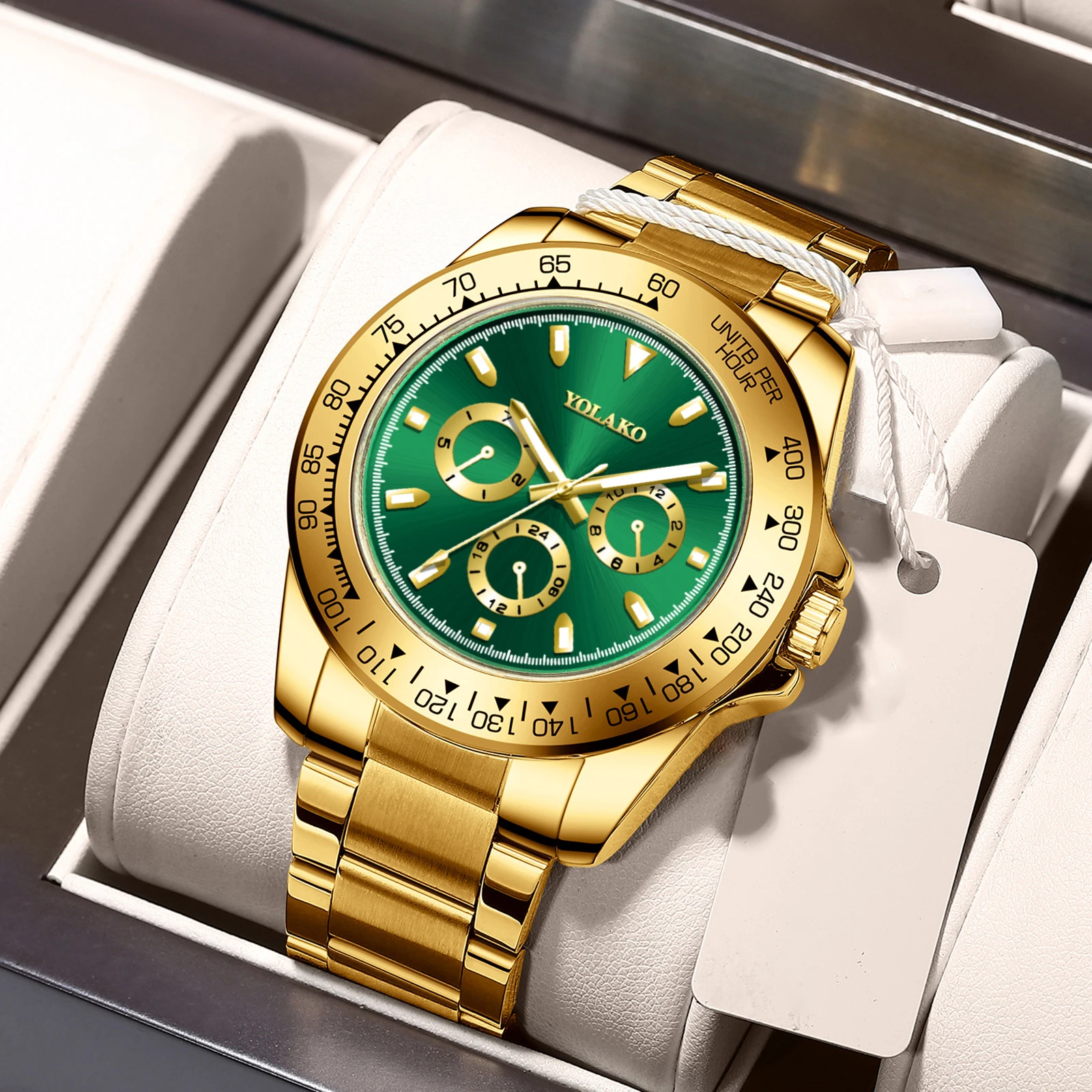 Hot Sale Business Men Watch Top Brand Green Gold Dial Stainless Steel Band Quartz Wristwatch Man Analog