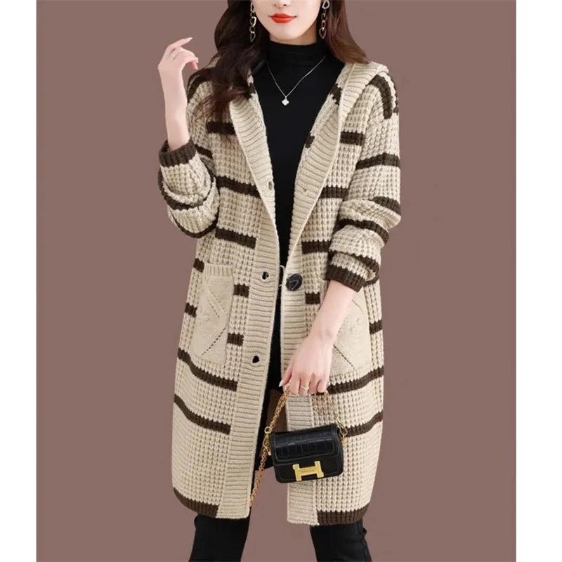 

New Hooded Knitwear Cardigan Coat Autumn Winter Women's Long Thick Wool Sweater Jacket Thickened Striped Outerwear Ladies Blouse