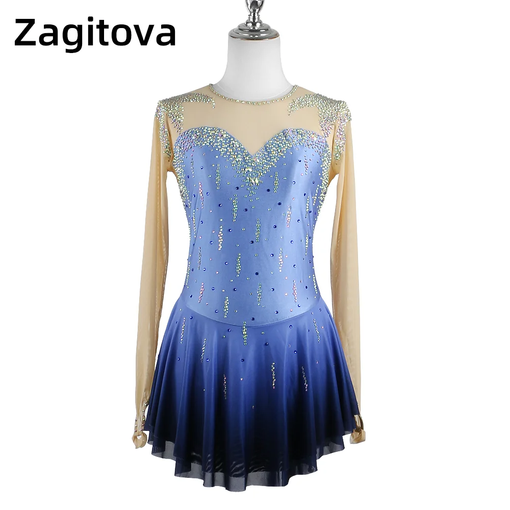 

ZAGITOVA Figure Skating Dress Women Girls Ice Skating Skirt Mesh Skirt Costume Black Blue Gradient