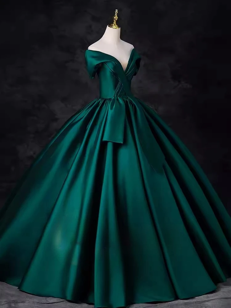 Customized Real Picure Emerald Green Prom Birthday Party Dresses V Neck Satin Puffy Skirt Long Vestido De Anos Quinceanera Gown