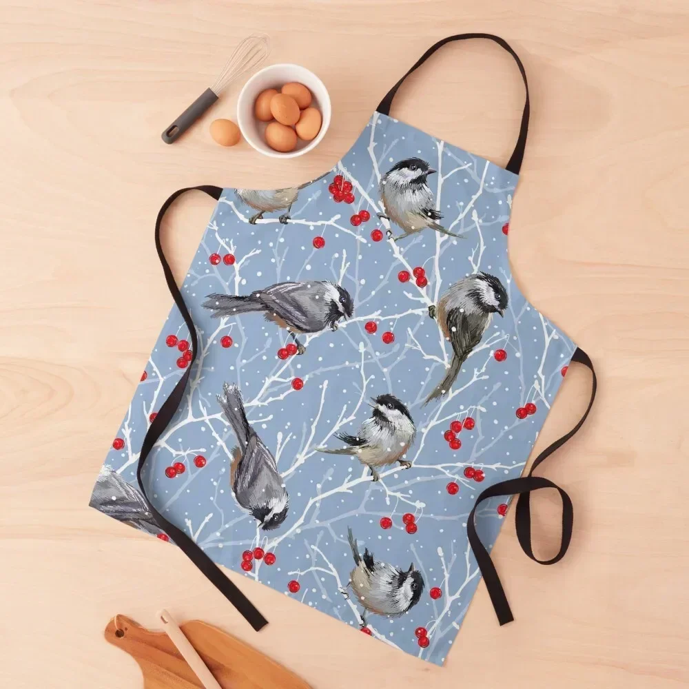 

Winter Chickadees in the Snow | Soft Cerulean Blue Apron chef for man Kitchen Handle For Women Apron