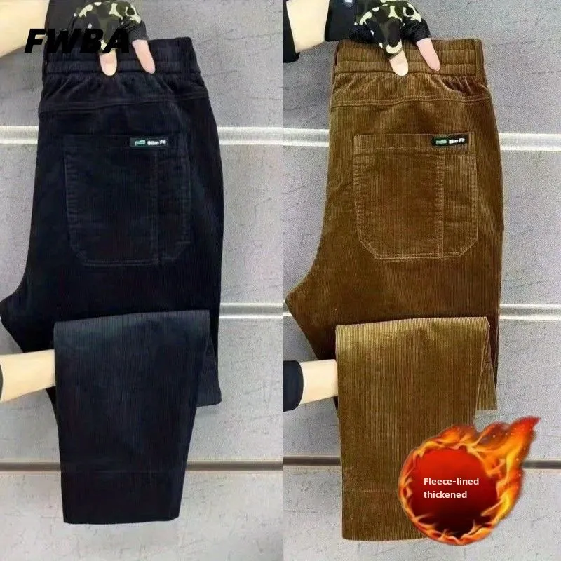 Pantalones informales de alta calidad para hombre, pantalón de pana con seis bolsillos y cintura elástica, nuevo estilo, pantalones cepillados de terciopelo, otoño e invierno, 2024