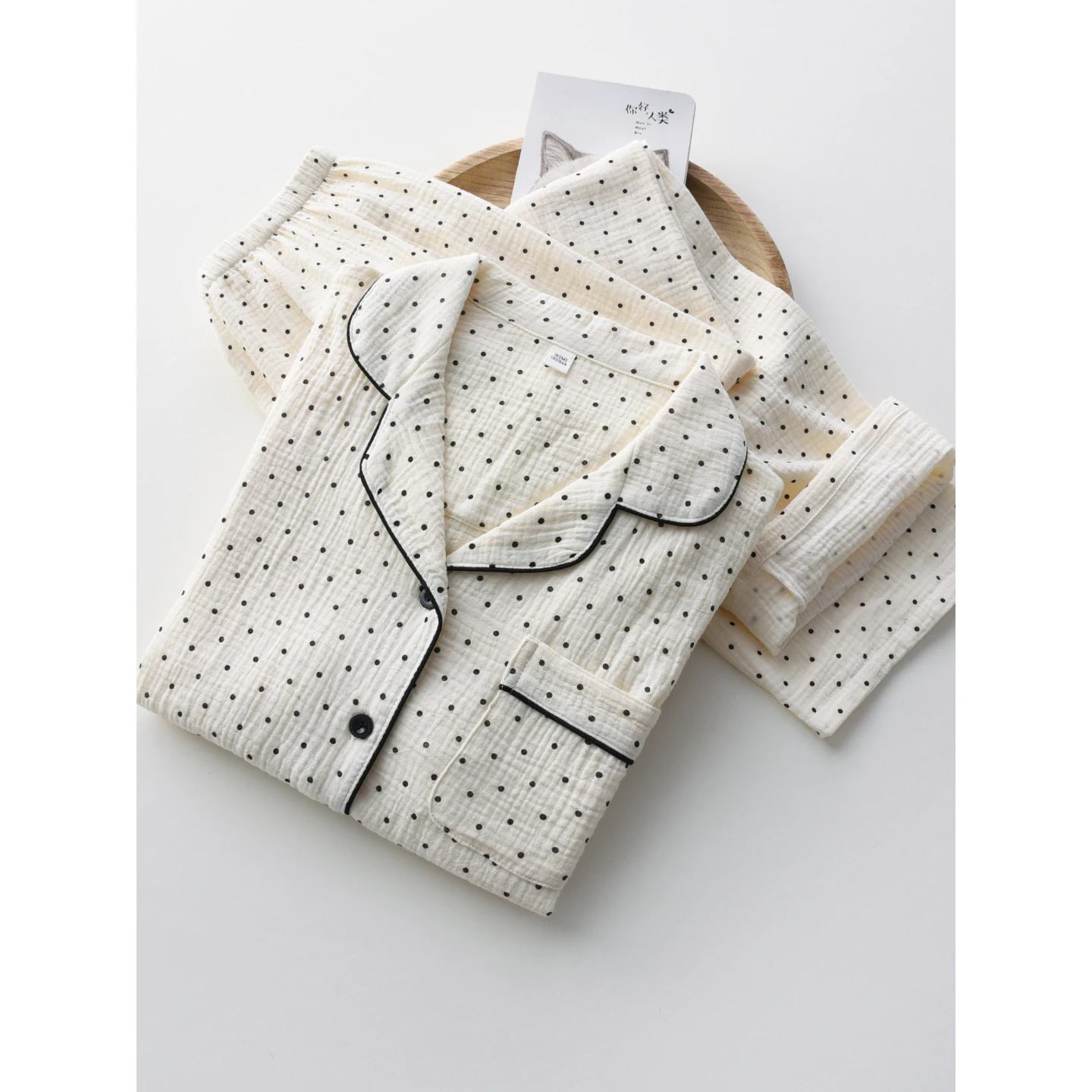 1 Set Womens Polka Dot Pajamas Cotton Double Layer Gauze Soft Long Sleeve and Pants Sleepwear Loungewear for Spring Summer