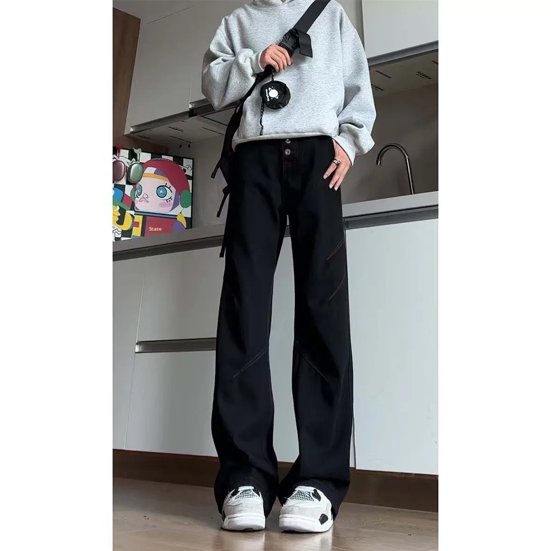 

American High Street Men's Jeans Autumn Trendy Patchwork Micro Flare Workwear Straight Cut Long Pants Casual Straight Leg Jeans