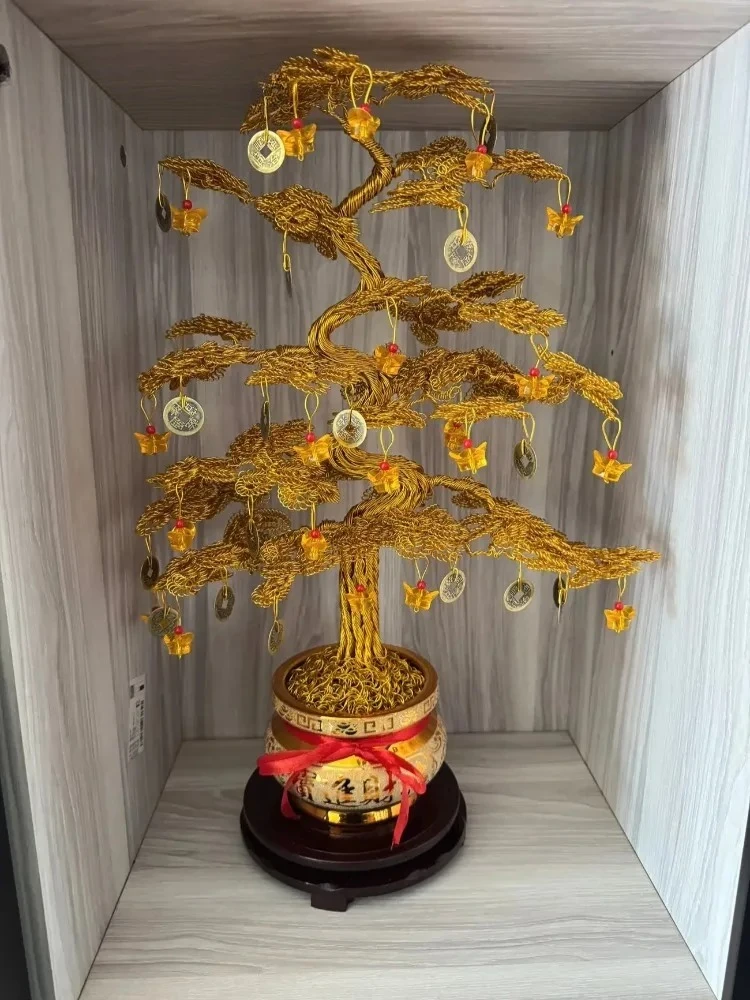 Golden Wealth Tree Ornament/Home Feng Shui Decoration/Handmade Weaving/Gift Attraction for Wealth Desk Decoration