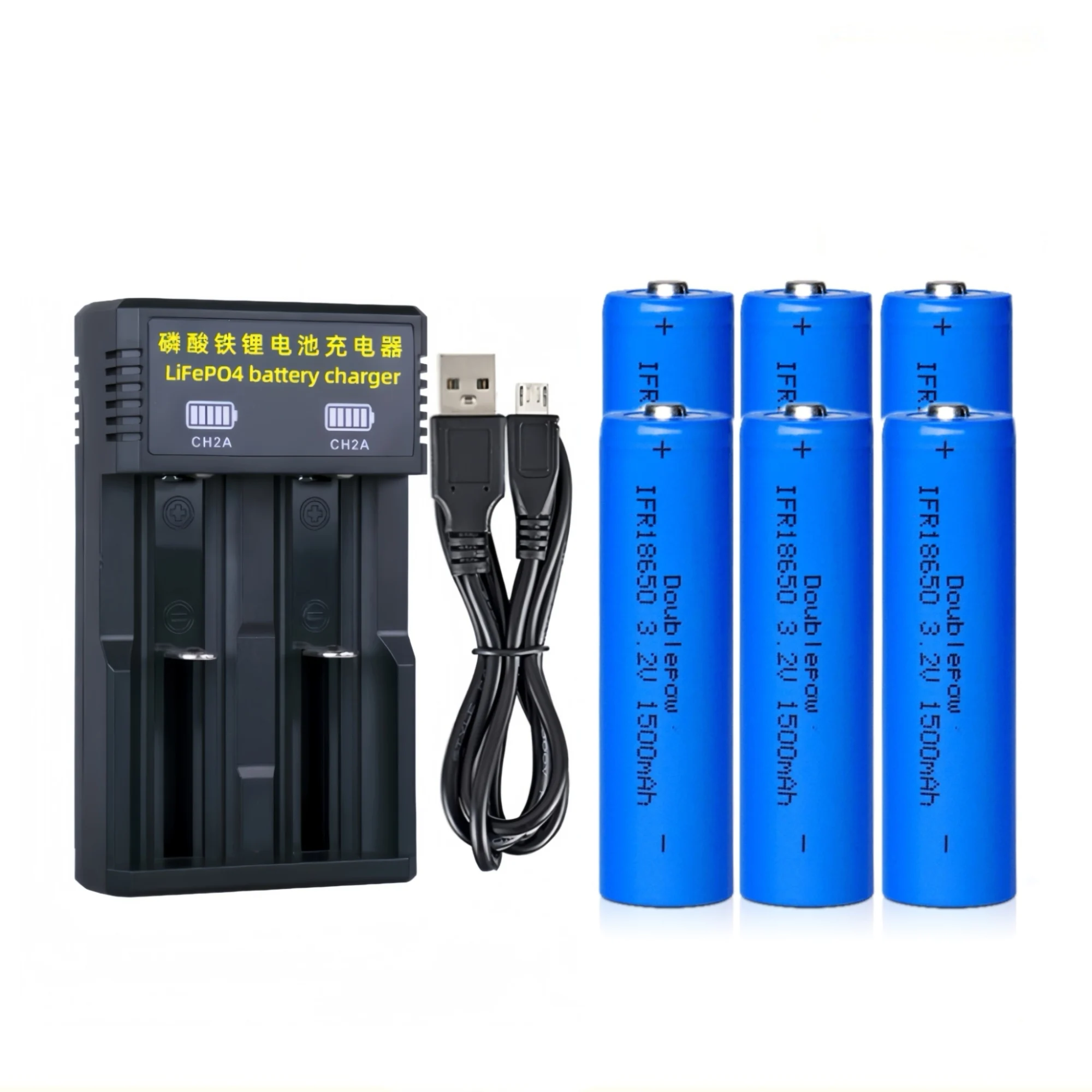 

6 шт. аккумуляторов LiFePO4 18650 3.2V 1500mAh, зарядное устройство для LiFePO4 аккумуляторов, для фонариков, Bluetooth-колонок, солнечных фонарей, электрических распылителей