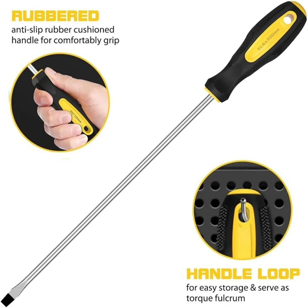 1/2Pcs 12-Inch Phillips & Flat Screwdriver Set, Long Cross Head & Slotted Blade Design, 6mm Tip Magnetic Extended Screwdriver