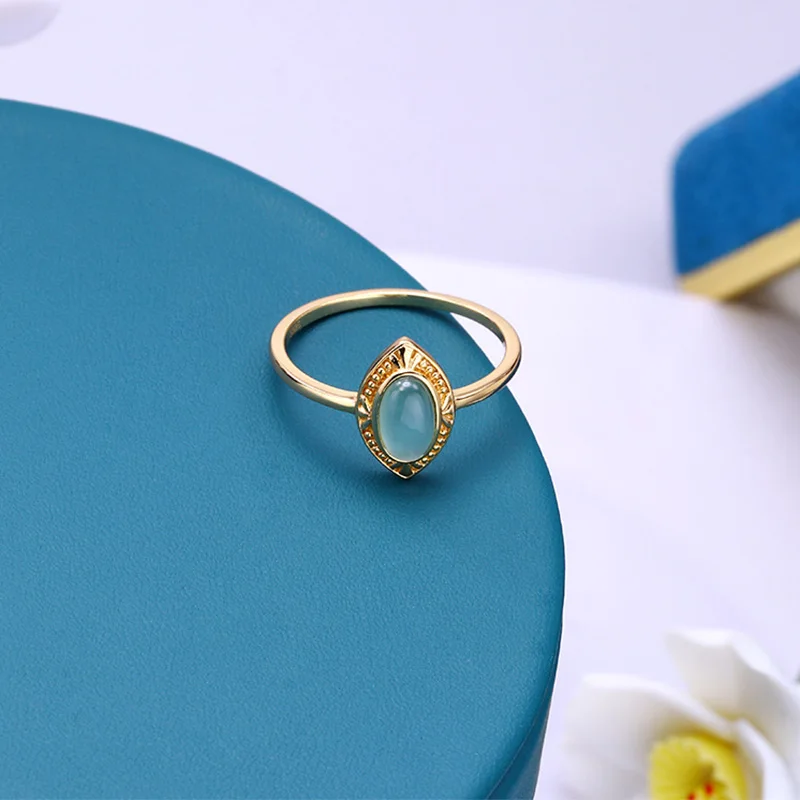 Foxanry Gold Color Ellipse Green Zircon Rings For Women Girls Vintage Exquisite Trendy Elegant Simple Anniversary Jewelry Gifts