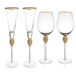2Pcs Crystal Gold Rimmed Wine Glasses Set Elegant Rhinestone Diamond Decorative Long Stem Champagne Flutes Cocktail Glass Gifts