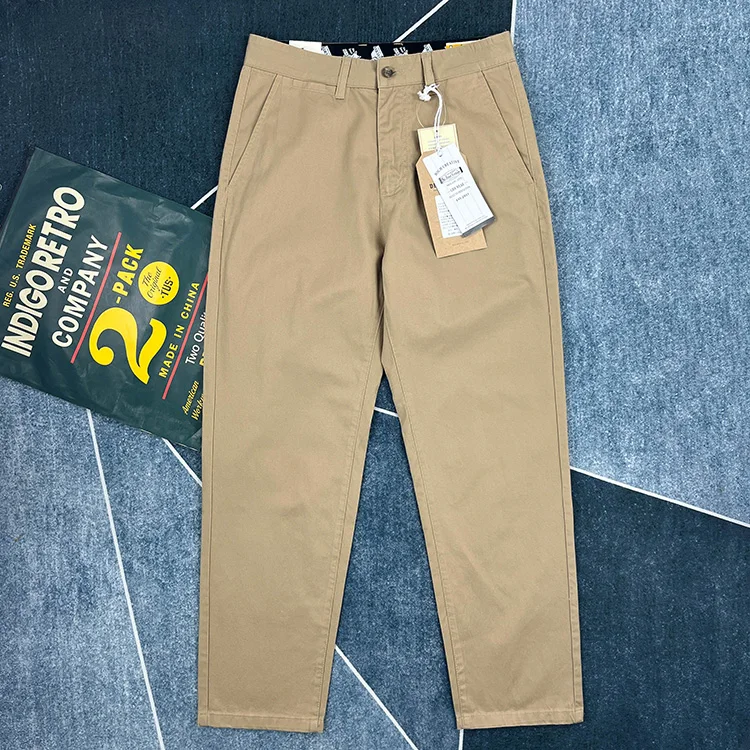 Pantalones informales finos 100% algodón para hombre, pantalón de trabajo de pierna recta, color caqui, chino americano, en verde y gris oscuro, primavera y otoño, 2025