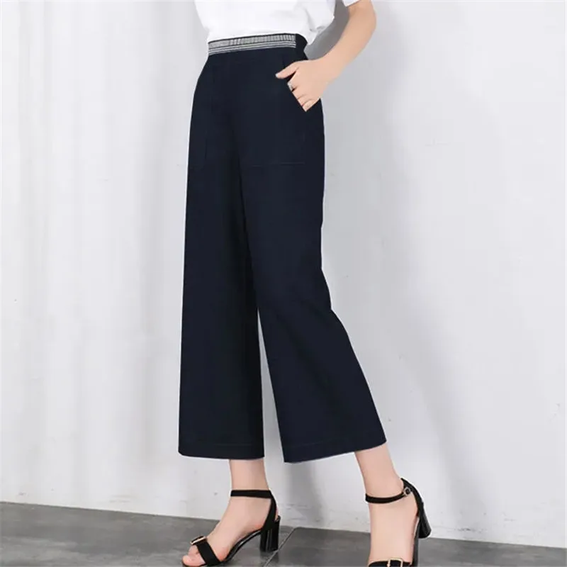 Summer Ice Silk Wide Leg Pants Women Elastic High Waist Draping Jeans Thin Loose Wild Straight Trousers Female Ankle-Length Pant