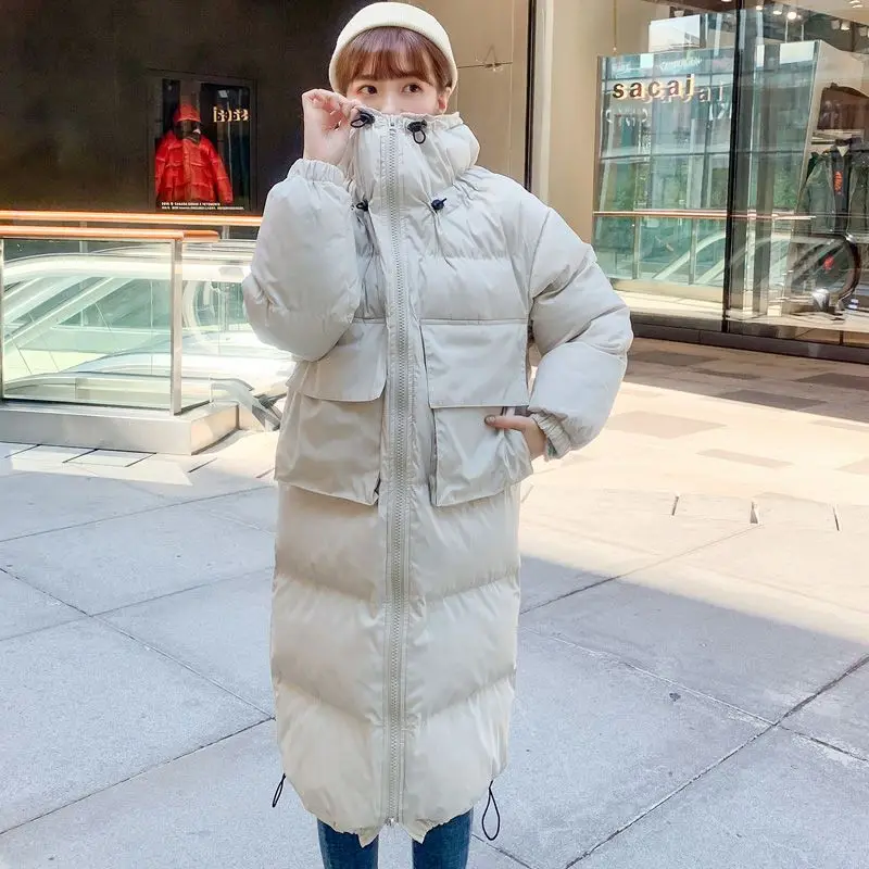 

2023 Winter Women Long Cotton Jacket Korean Loose Solid Casual Cotton Coat Big Pockets Fashion Hooded Bread Cotton Jacket