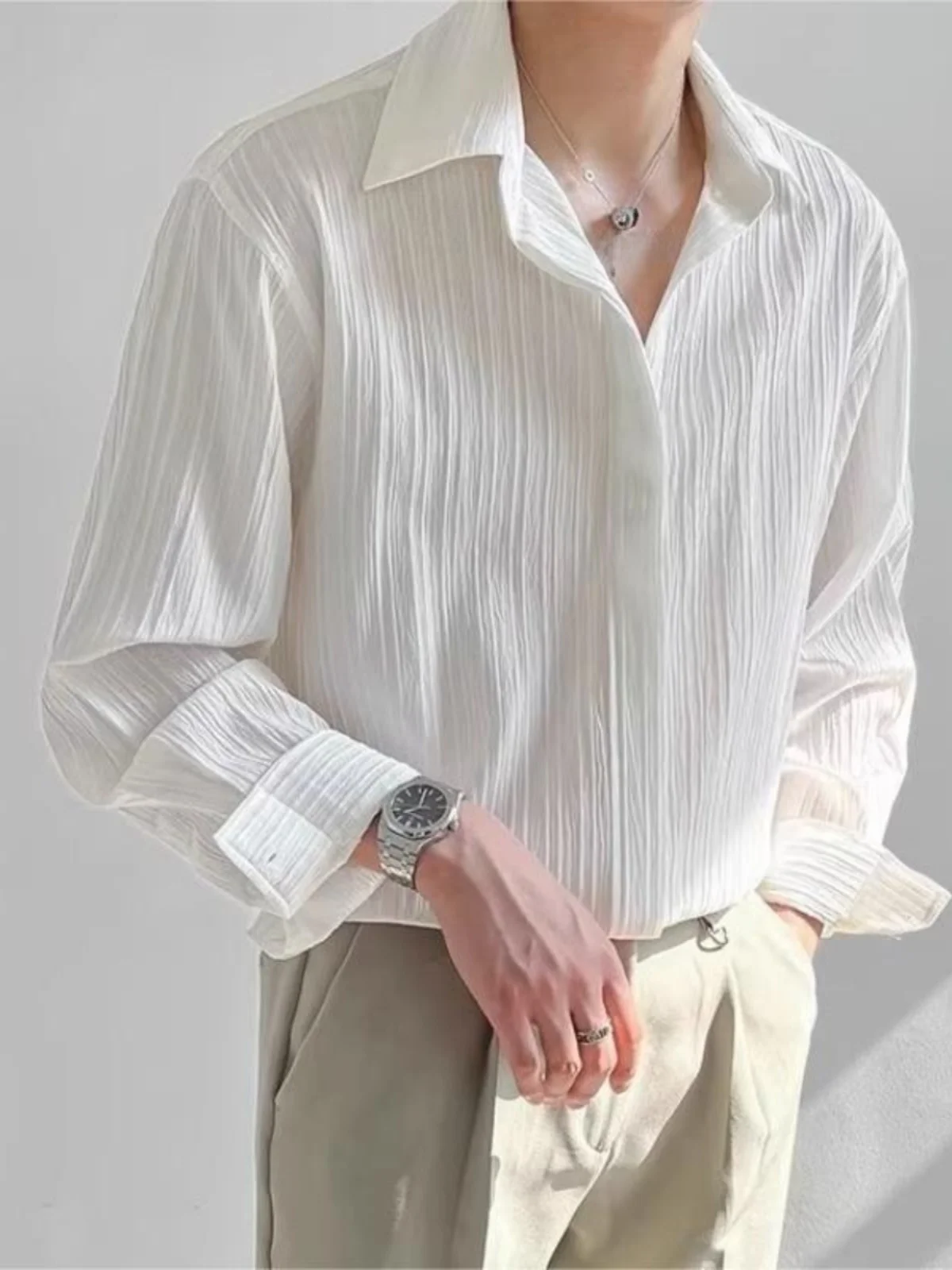 

Casual Loose Long Sleeve Men's Shirt Wrinkles Korean Version Spring Autumn New Style Handsome Leisure Upper Clothing