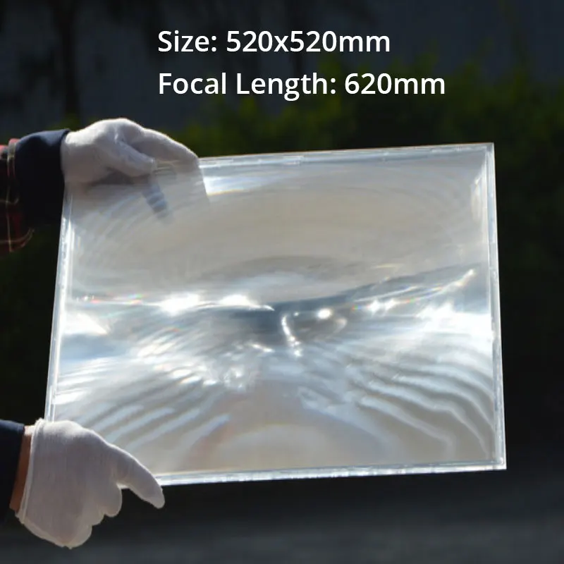 Lente Fresnel Óptica Grande de PMMA 520x520mm para Concentração de Energia Solar, Lente Plana Ampliadora e Concentradora Solar