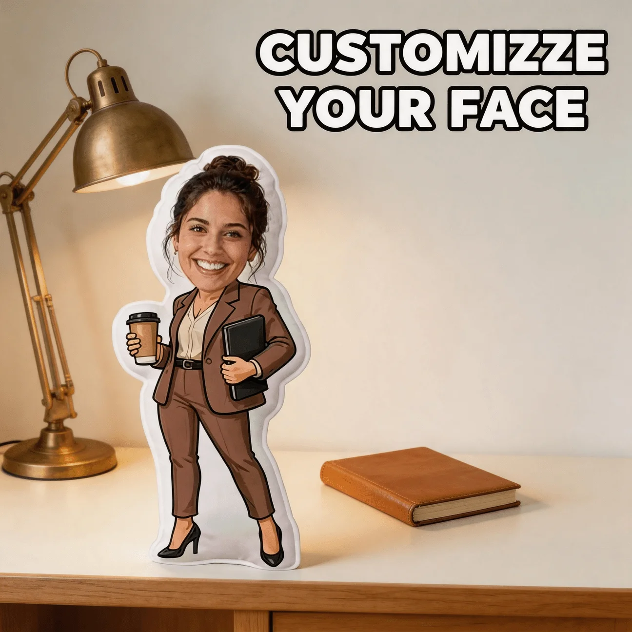 Custom Photo Business Woman Shaped Pillow, Personalized Office Lady Decorative Cushion with Coffee Cup, Unique Home Decor Accent