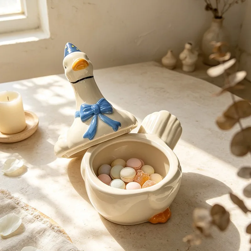 Big White Goose Ceramic Soup Bowl with Lid Noodle Bowl Entrance Storage Box Cosmetic Jewelry Porcelain Storage Bowl