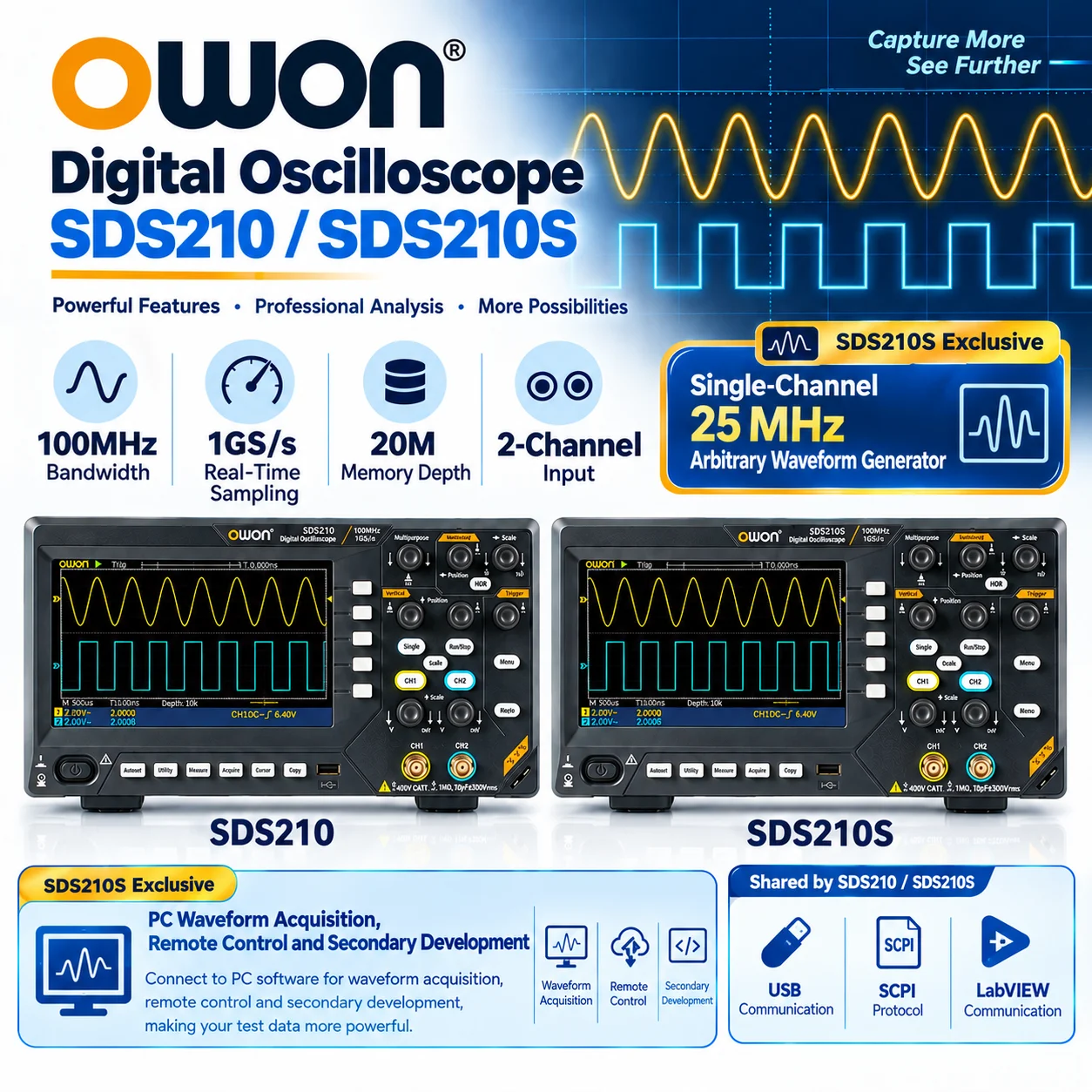 OWON SDS210 SDS210S 100MHz 2 Channel Digital Storage Oscilloscope 1GS/s 20M 7in Display SDS210S 25MHz Generator USB SCPI LabVIEW