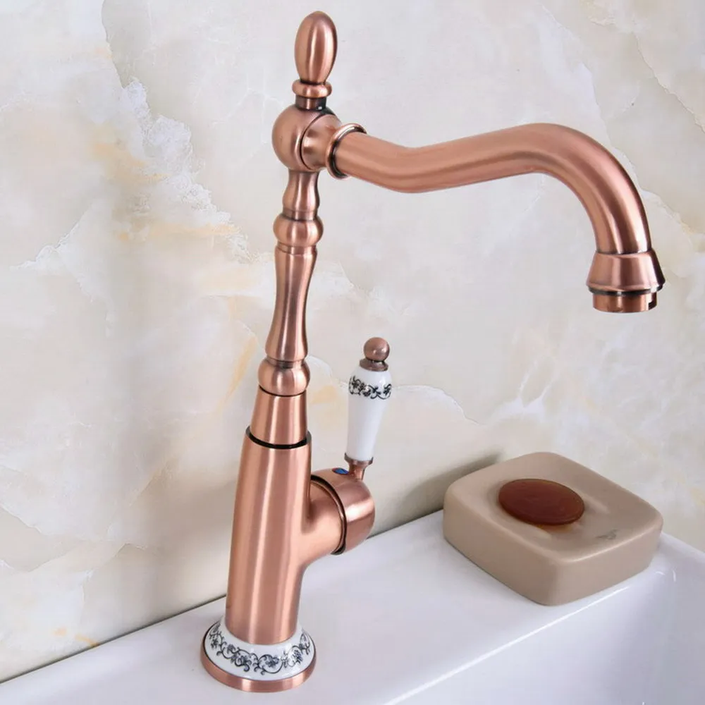 

Antique Red Copper One Ceramic Flower Handles Base Bathroom Kitchen Basin Sink Faucet Mixer Tap Swivel Spout Deck Mounted mnf624