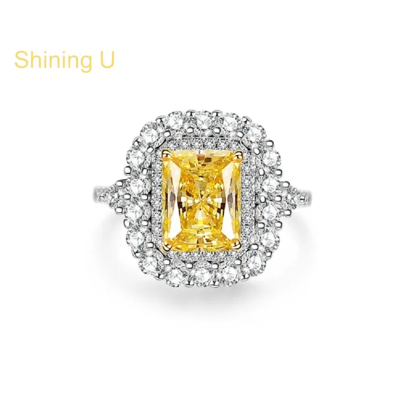 

Shining U S925 Silver Radiant Cut Yellow Gems Ring for Women Fine Jewelry Party Anniversary Gift
