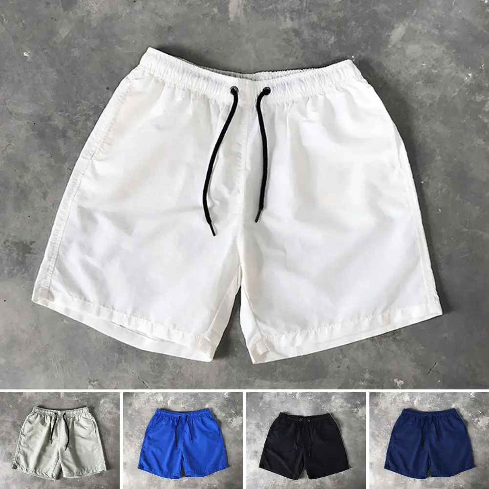 Summer Breathable Men Sports Shorts Elastic Drawstring Solid Color Pockets Soft Workout Gym Training Beach Short Pants Sweatpant