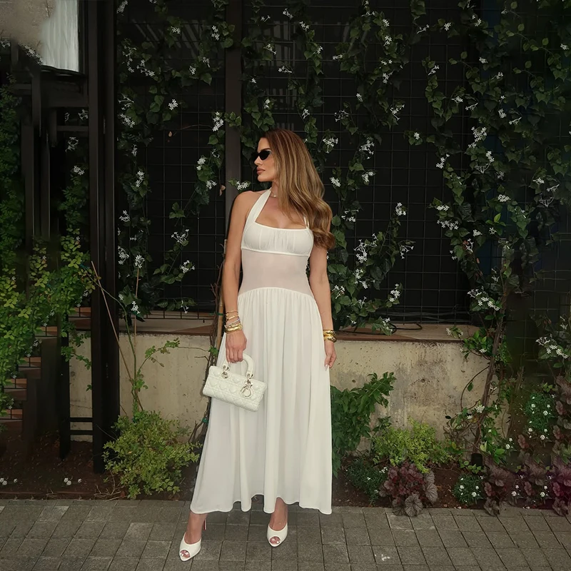 Sexy Fashionable High Waist Long Skirt Dress with Mesh Splice European And American Cross Border Hanging Neck Design