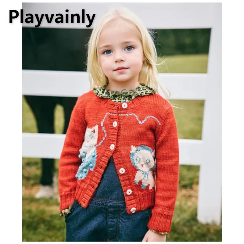 

Детские свитера, новые весенне-осенние оранжево-красные однобортные вязаные пальто с рисунком кота для девочек, модный детский кардиган в стиле ретро W4764